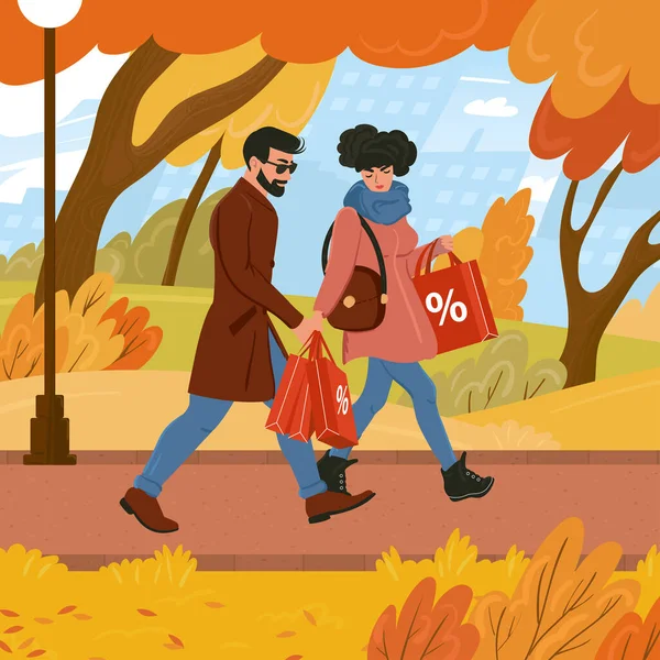 Homem Uma Mulher Caminham Segurando Sacos Compras Outono Descontos Sazonais —  Vetores de Stock