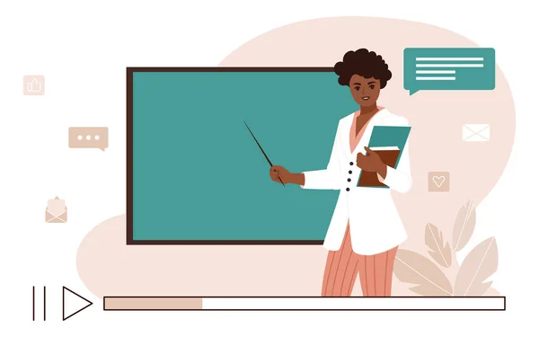 オンライン学習の概念 アフリカ系アメリカ人女性教師と学校の黒板とのビデオレッスン 平面ベクトル図 — ストックベクタ