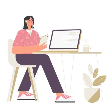 Bir kadın podcast ya da video blogu yönetiyor. Kız bir dizüstü bilgisayar ve tabletin başında kulaklıkla oturuyor. Düz vektör illüstrasyonu