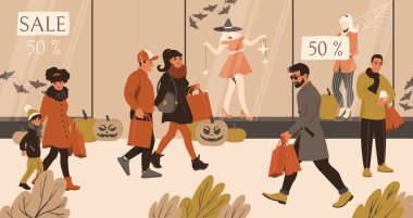 People shopping together walking near fashion outlet before Halloween. Holiday sales. Flat vector illustration.