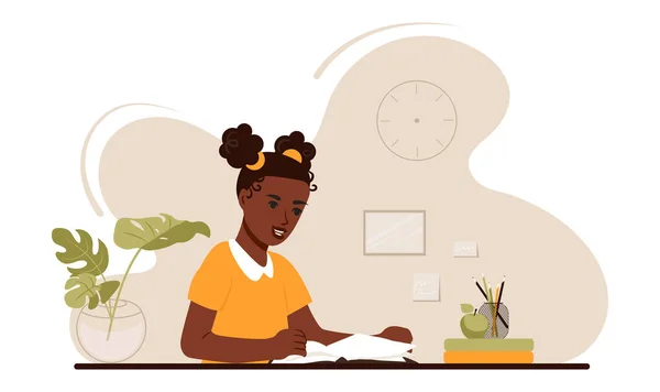 African American Schoolgirl Sitting Her Desk Reading Book Doing Homework — Stock Vector