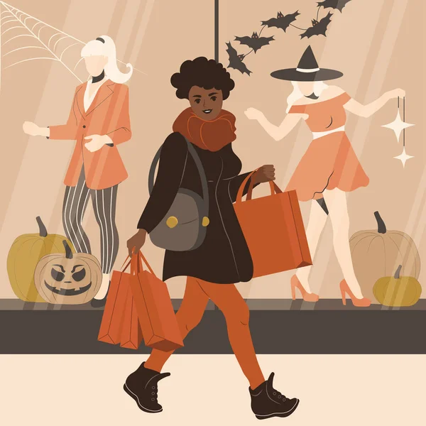 アフリカ系アメリカ人の女性がハロウィン前に買い物をしている 買い物袋を持った女の子が衣料品店の窓の近くを歩いている 平面ベクトル図 — ストックベクタ