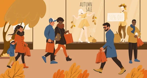 Gente Venta Otoño Compras Caminando Por Ciudad Sobre Escaparate Tienda — Vector de stock