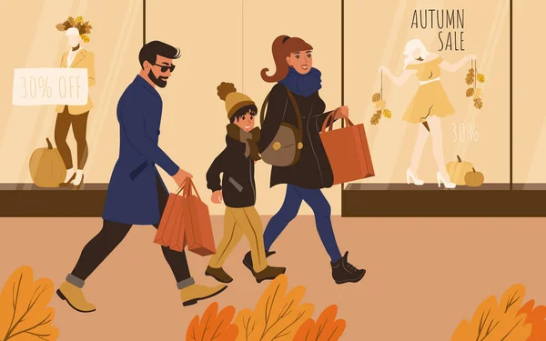 Family Shopping Autumn Sales Parents Child Walking Street Apparel Store — 스톡 벡터