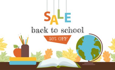 Okul satışına geri dönüş afişi. Okul malzemeleri için indirim broşürü. Düz vektör illüstrasyonu