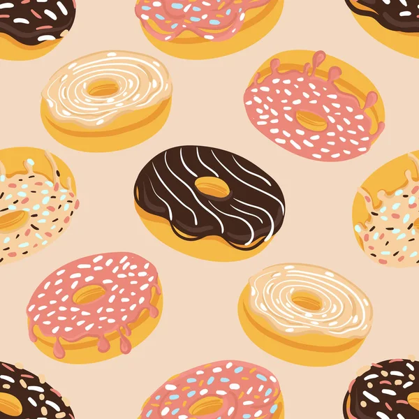 Seamless Sweet Pattern Donuts Covered Chocolate Icing Sprinkles Hand Drawn — Wektor stockowy