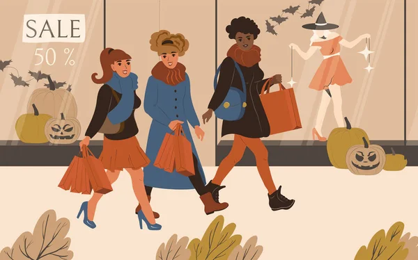 Jeunes Femmes Amitié Shopping Ensemble Vente Halloween Les Commerçants Marchent — Image vectorielle