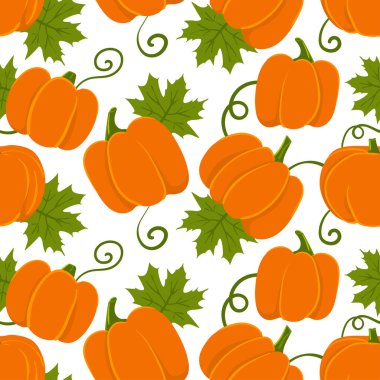 Turuncu kabaklı ve yeşil yapraklı kusursuz desen. Çizgi film vektörü sebze arkaplanı.
