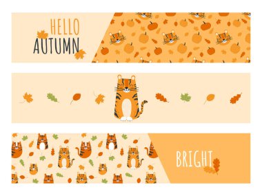 Tatlı kaplan karakterli ve yaprakları dökülen bebek sonbahar kurdeleleri. Çocuklar için vektör karikatür yatay pankart koleksiyonu