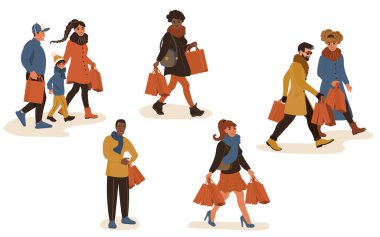 Alışveriş torbaları taşıyan bir grup uluslararası genç insan. Aile, gençlik ve çiftle koleksiyon markete gider. İzole edilmiş beyaz arkaplanda düz vektör çizimi