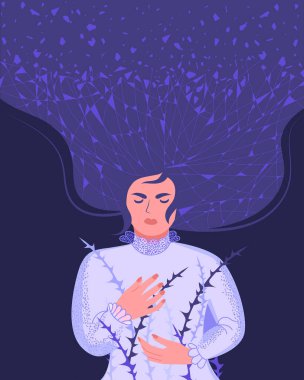 Zihinsel bozukluk. Bunalımlı kadın. Kız psikolojik sorunu. Düz çizgi film vektör çizimi.