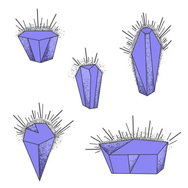 Mor mistik kristaller seti. Sihir için değerli taşların ikon koleksiyonu. Vektör dokulu illüstrasyon