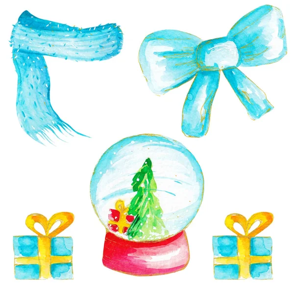 Suluboya Noel çizimi. El çizimi suluboya illüstrasyon klipsi Noel Baba eşarbı, hediye, fiyonk. Yüksek kalite fotoğraf