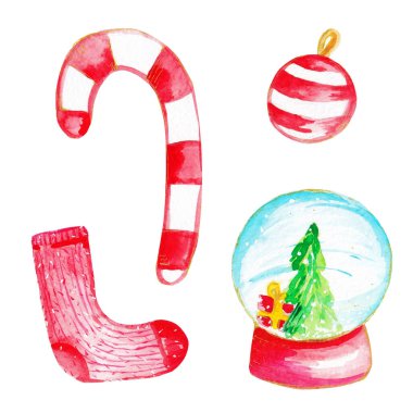 Suluboya Noel çizimi. El çizimi suluboya illüstrasyon klipleri Noel Baba tatlısı, toplar, hediyeler. Yüksek kalite fotoğraf