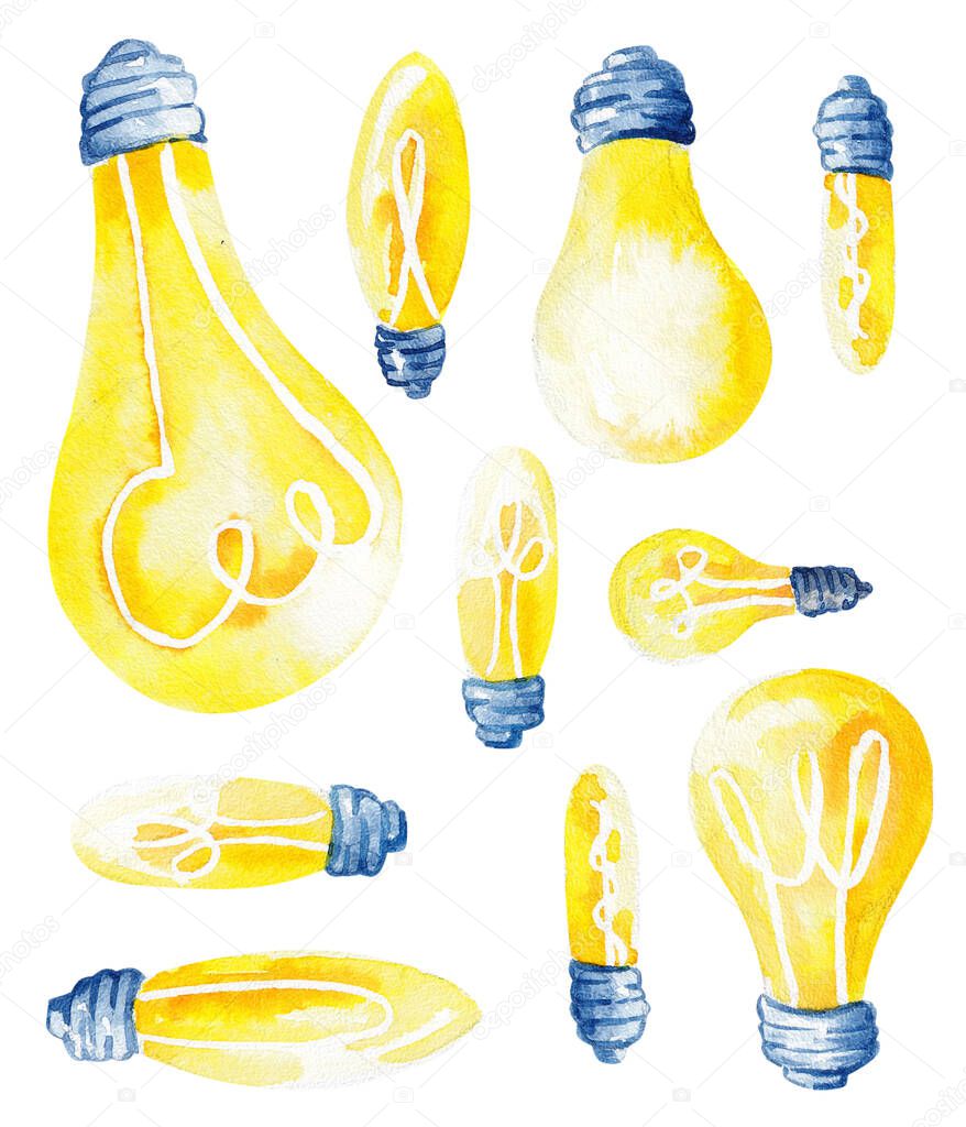 Painted watercolor hand-drown illustration set vintage modern energy saving glass lamps yellow, blue isolated on white background.