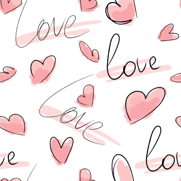 Endless Pink Background Watercolor Hand Drawn Pattern Hearts — Stock Photo, Image