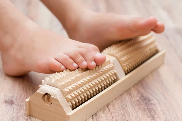 Girl Does Self Massage Feet Special Wooden Needle Massager Prevention — Stock Photo, Image