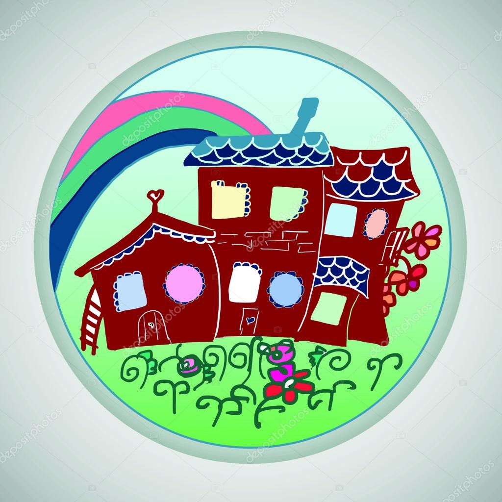 Fabelhaftes Backsteinhaus mit Regenbogen. Vektorillustration