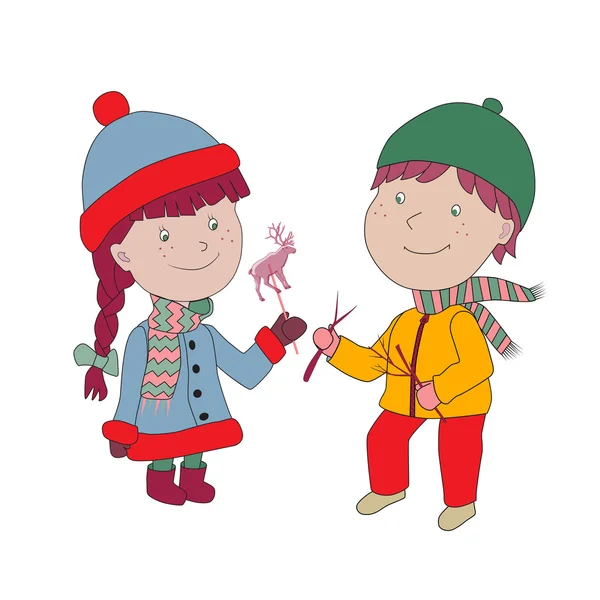 Editable Vector illustration. Boy and girl in coat and hat with — Stock Vector