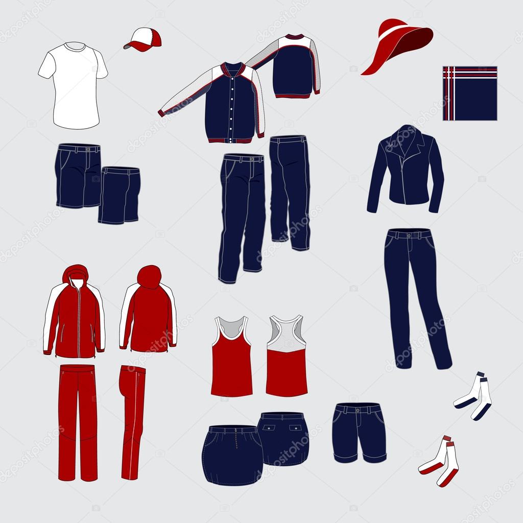 Set of women's and men's clothing. Red and blue costumes everyda