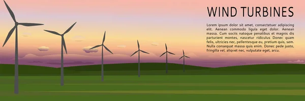 日落或日出时风力涡轮机的轮廓 景观风电场横幅 用于演示 网站和信息图形 平淡的风格 案文的篇幅 — 图库矢量图片