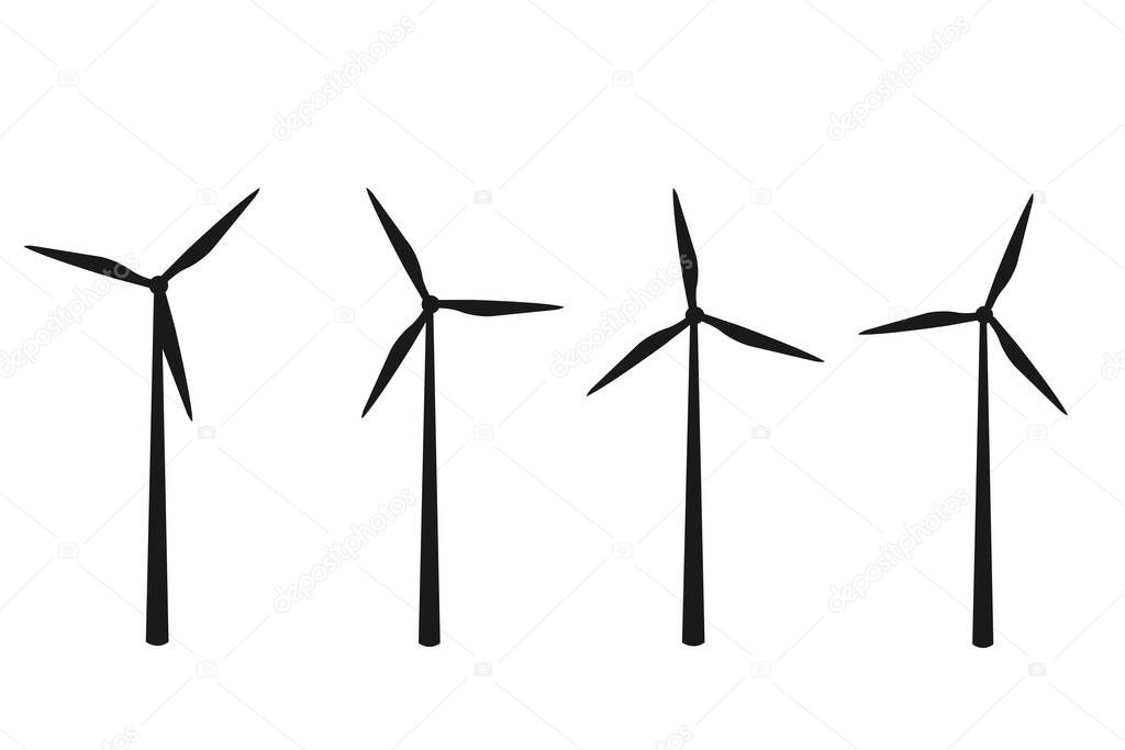 Silhouettes of wind turbine isolated on white background. Vector illustration