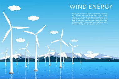 Açık deniz ve kıyı rüzgar çiftlikleri. Denizde, okyanusta rüzgar türbinleri. Yeşil enerji. Vektör çizimi. Metin için boşluk