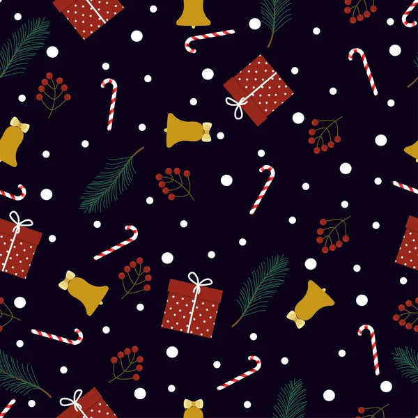 Kerstnaadloos Patroon Voor Wenskaarten Inpakpapier Kerstbomen Sneeuwvlokken Cadeaus Snoepstokken Vectorillustratie — Stockvector