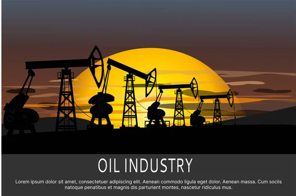 Oil Wells Background Sunset Sunrise Oil Industry Place Your Text — Stock Vector