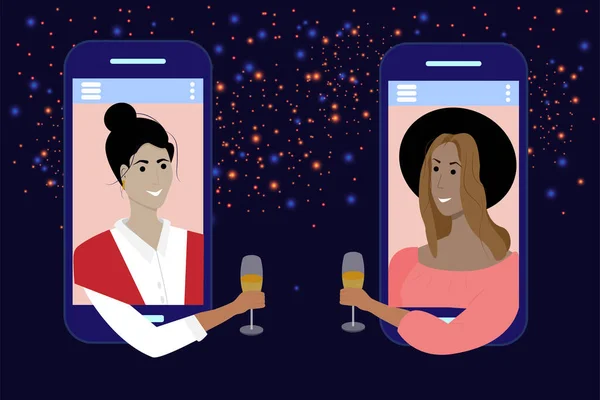 Online Communication Mobile Smartphone Girls Screen Champagne Background Fireworks Celebrating — Stockvector