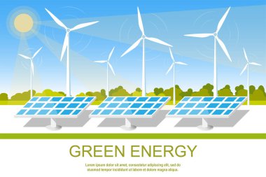 Güneş panelleri ve rüzgar türbinleri olan bir manzara. Yenilenebilir, temiz, yeşil enerji konsept afiş tasarımı. Düz stil vektör çizimi. Metin için yer