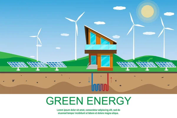 Diseño Banner Energía Verde Concepto Solar Eólico Geotérmico Eco Hogar — Vector de stock