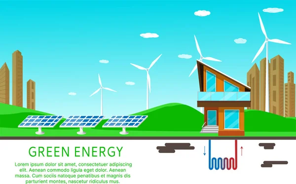 Energía Verde Concepto Solar Eólico Geotérmico Eco Hogar Moderno Ilustración — Vector de stock