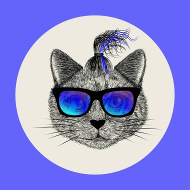 Gözlüklü ve kuyruklu bir kedinin vektör çizimi. Tişört için hayvan grafik tasarımı. Kartpostallar, sosyal ağlar.