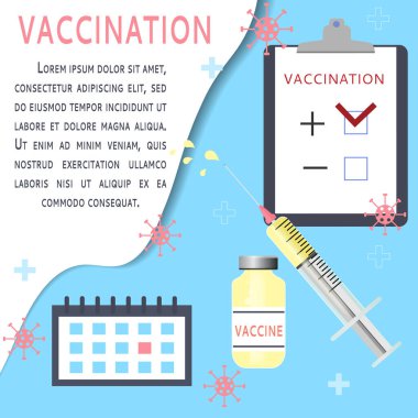 Zorunlu aşı pankartın tasarımı. Koronavirüsün önlenmesi veya kontrolü için COVID-19 aşısının geliştirilmesi ve geliştirilmesi. vektör