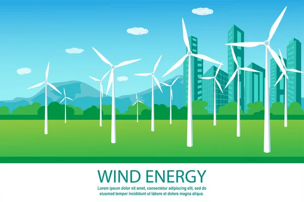摩天大楼和风力涡轮机发电的景观 可再生 绿色能源概念横幅设计 平面样式矢量图解 案文的位置 — 图库矢量图片