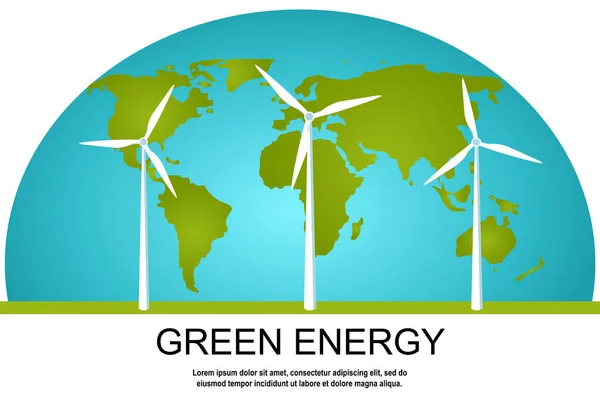 Yeşil Yenilenebilir Temiz Enerji Konsepti Afiş Tasarımı Dünya Haritasının Arka — Stok Vektör