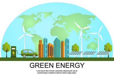 Küresel ekoloji ve sürdürülebilir kalkınma kavramı. Yeşil kaynaklar, yenilenebilir, rüzgardan gelen temiz enerji, dünya haritasının arka planında güneş. Vektör