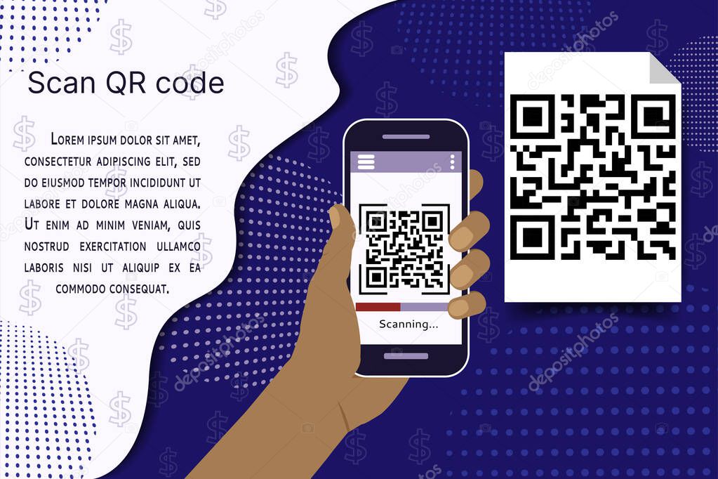 The hand with the phone scans the QR code. Style flat icon. Place for text. Vector illustration.