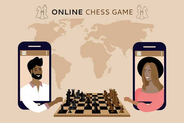 Online Chess Game Online Tournament Man Woman Sitting Front Phone — Stock Vector