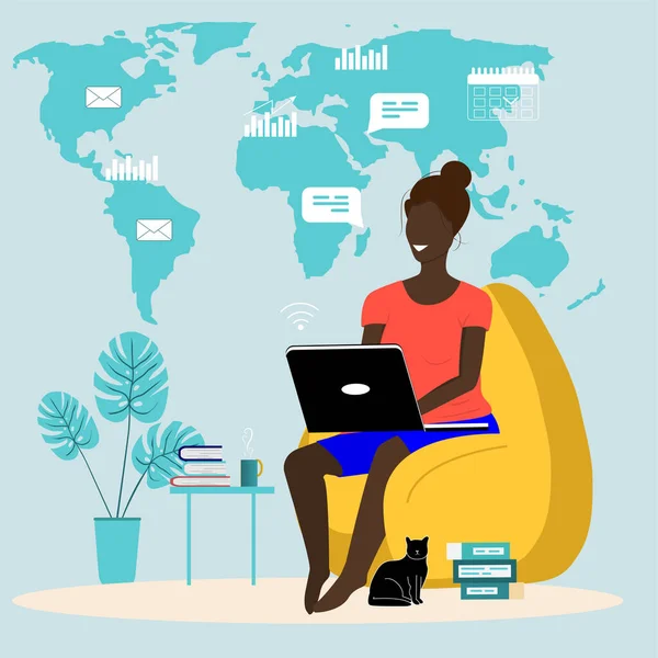 Zwart Meisje Vrouw Werkt Een Stoel Computer Binnenlandse Zaken Freelance — Stockvector