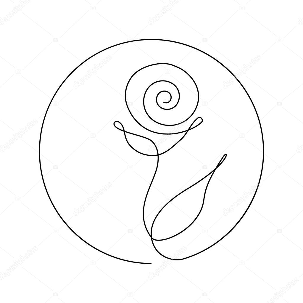 Rose flower in circle vector one line art logo. Monoline minimalistic contour drawing. Continuous line art for logo, emblem.