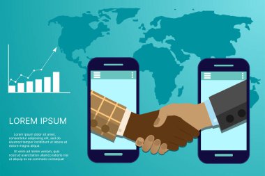 İnternet bağlantılarını kullanarak iş tokalaşması. Aktarımlar çevrimiçi olarak sonlandırılıyor, yeni bir başlangıç açılıyor. İnsanlar büyüyen bir finansal tablonun arkaplanına karşı bir sözleşme imzalıyorlar. Mesaj için yer. Vektör