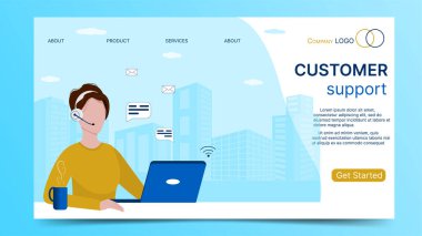 Web sitesi ve uygulama için şablon tasarımı. Kulaklığı, mikrofonu ve bilgisayarı olan kadın müşteri hizmetleri acentesi. Çevrimiçi müşteri destek konsepti. Vektör