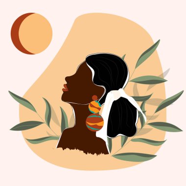 Siyahi, minimalist tarzda genç bir kadın. Vektör modern çizim. Dekor, baskı, afişler, sosyal ağlar için şablon tasarımı. Feminist sanat, kadın hakları..