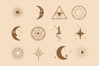 Modern minimalist tarzda soyut vektör simgeleri ve sembolleri. Yıldızlar, Ay, Güneş, Hançer Tasarım Dekorasyon ve Logo Şablonları