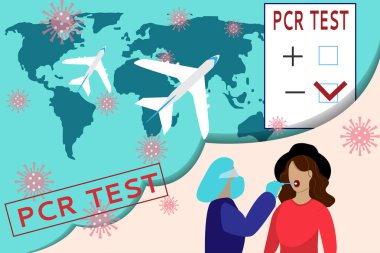 Havaalanında koronavirüs için yatay pankart tasarımı PCR testi. Seyahat, uçuş ve hava seyahati için bir zorunluluk. Vektör düz resimleme