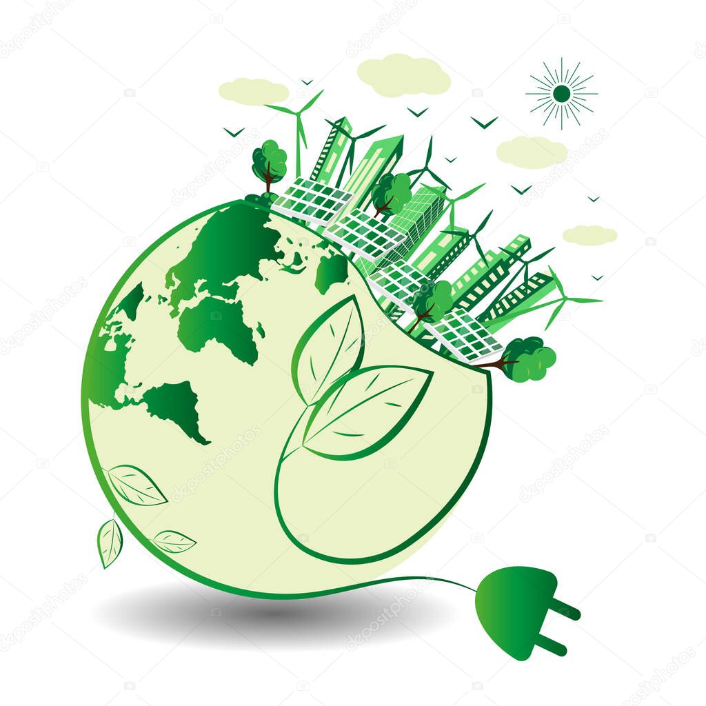 The concept of green city. Alternative, renewable, eco-friendly energy. Wind turbines, solar panels on the background of the world map. Vector flat illustration