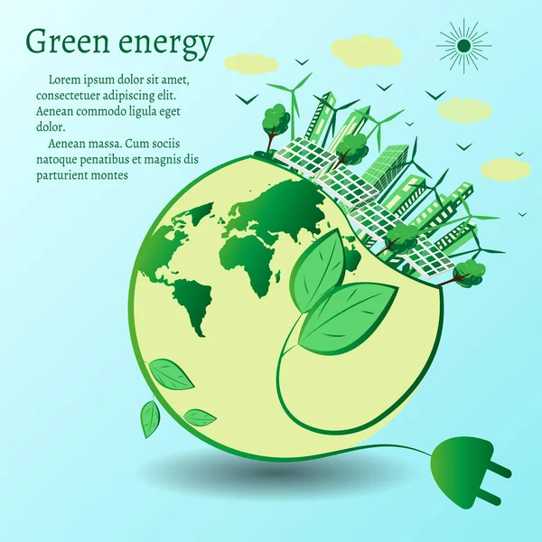 全球绿色能源的概念与风力涡轮机 太阳能电池板和城市 太阳能和风能的可再生能源 矢量图采用平面设计风格 案文的篇幅 — 图库矢量图片