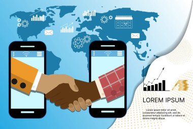 İnternet bağlantıları üzerinden iş görüşmesi. Anlaşmaların sanal sonucu, yeni bir başlangıç. İnsanlar büyüyen finansal programın zeminine karşı sözleşmeler imzalıyorlar. Metin için yer. 